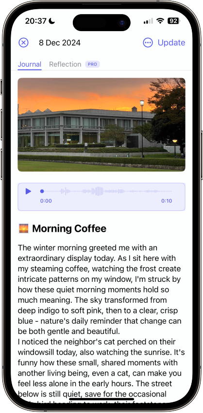 Mimito app interface on iPhone showing Morning Coffee journal entry with sunset photo and audio recording
