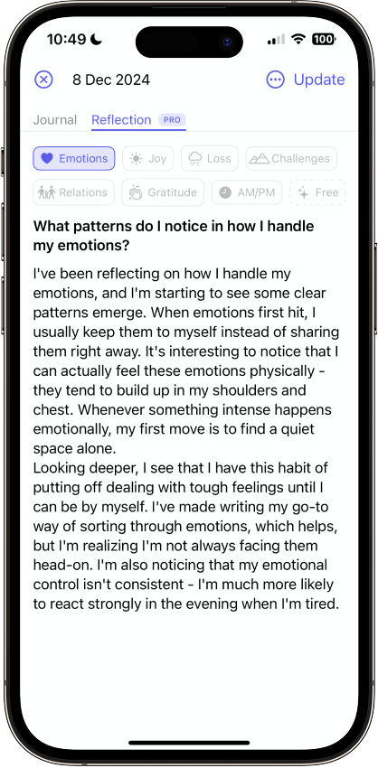 Mimito app showing reflection entry about emotional patterns with emotion tags
