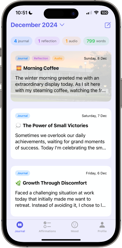 Mimito app timeline view showing December 2024 journal entries with word counts