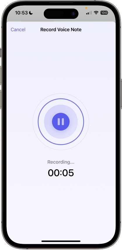 Mimito app voice recording interface with circular record button and timer