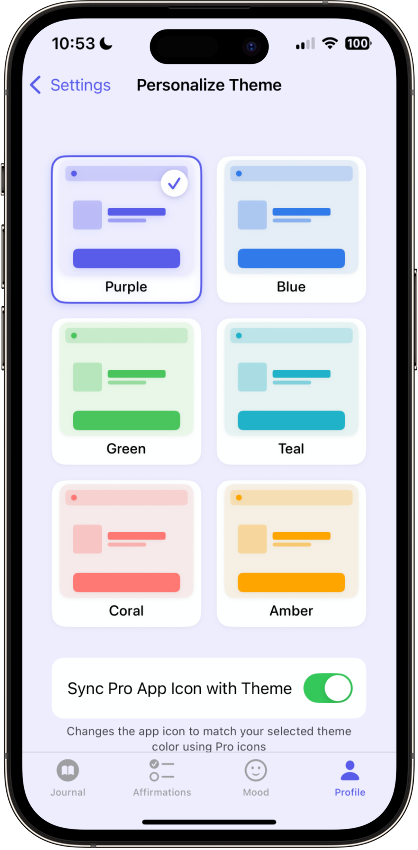 Mimito app theme personalization settings with color options and sync toggle